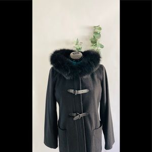NWT Beautiful Scandinavian fox fur Trina Turk hooded toggle coat. Cozy pockets.